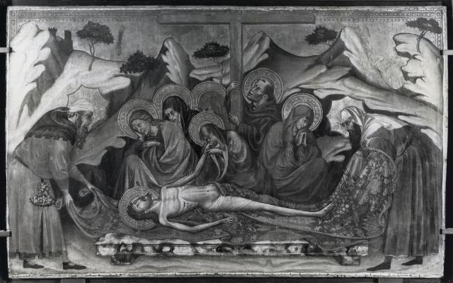 Anonimo — Maestro di Barga - sec. XV - Compianto sul Cristo morto con san Francesco d'Assisi — insieme
